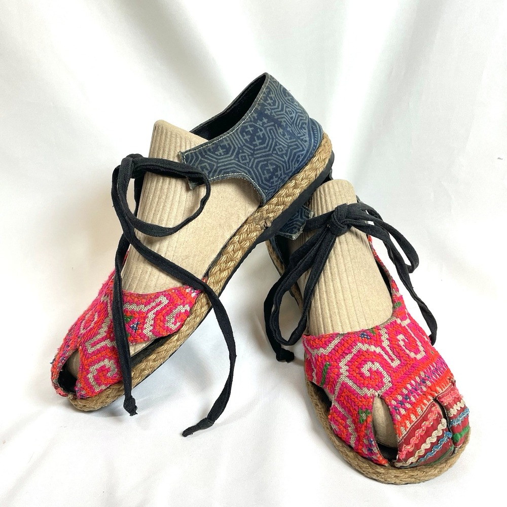 Seastra Tie Up Sandals Shoes Multicolor Women Size 8 Handmade Espadrille Boho